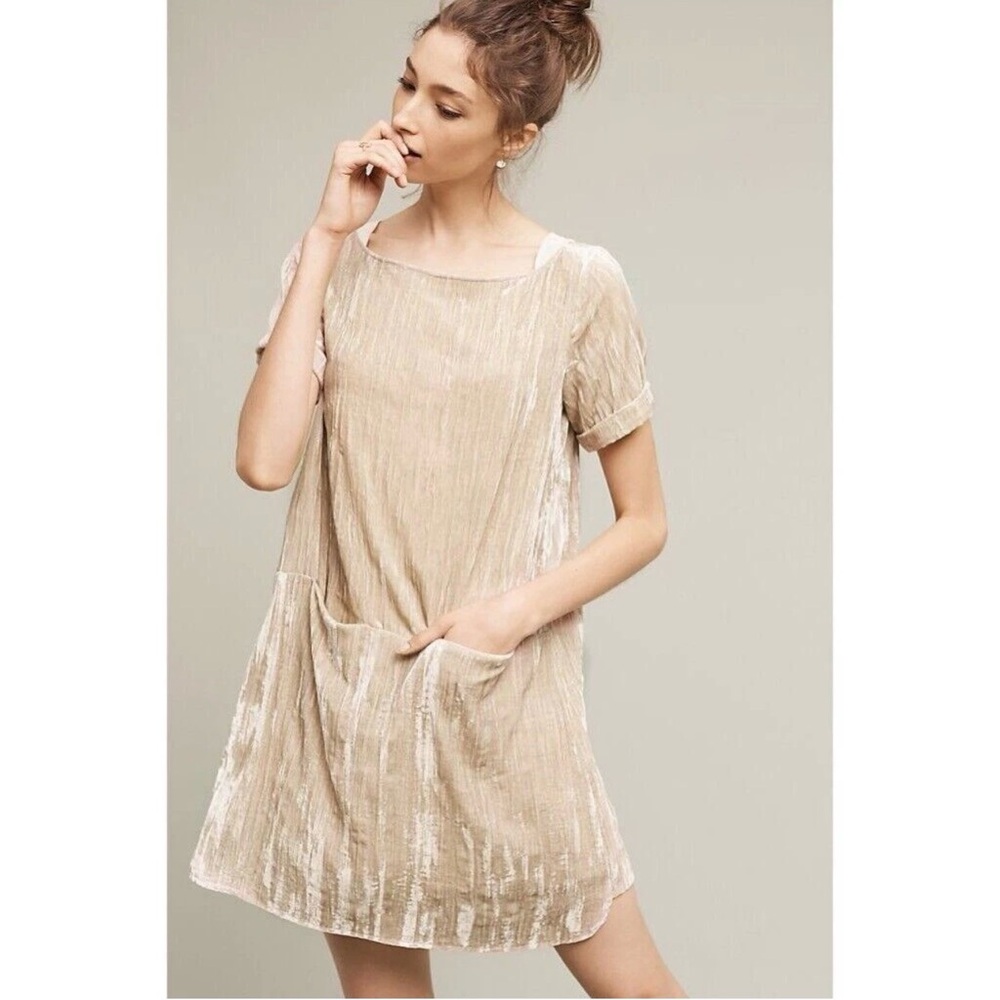 Anthropologie Floreat Champagne Crinkle Crushed Velvet Shift Dress New